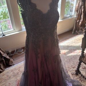 **SOLD**La Femme Dusty Lavender Crystal Lace Evening Dress